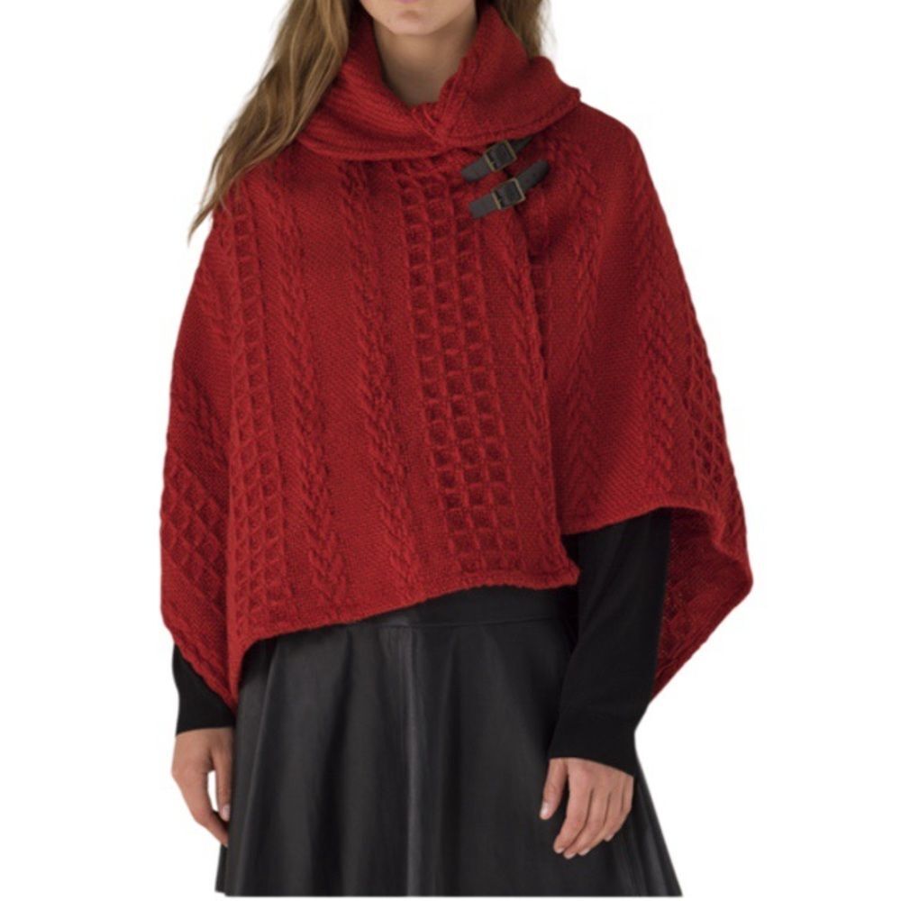 BRANIGAN WEAVERS Red Shawl Collar Poncho Leather Buckle Detail Cable Knit Wool